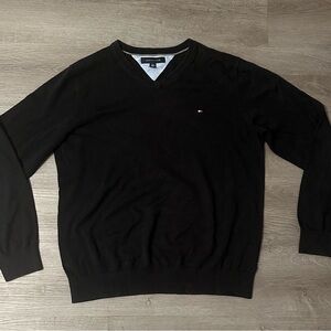 Tommy Hilfiger Sweater Men Black V-Neck Logo Fitted Knit Sweater Size Large